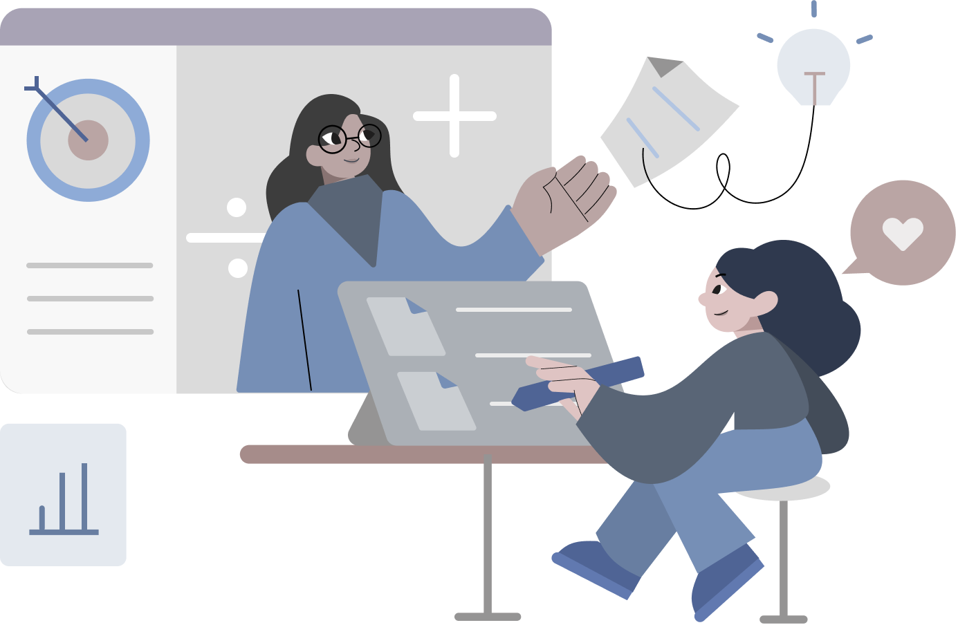 Illustration of a tutor explaining a problem to a student working on a tablet
